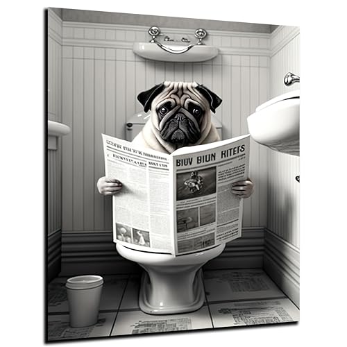 DARO Design - Bilder Deko Gäste WC Wandbild Badezimmer Bad Toilette Kunstdruck Bild auf 6mm HDF 30x20 cm Mops Wanddeko - lustige Wandbilder Leinwand Poster Aesthetic Room Decor Hund Dog von DARO Design