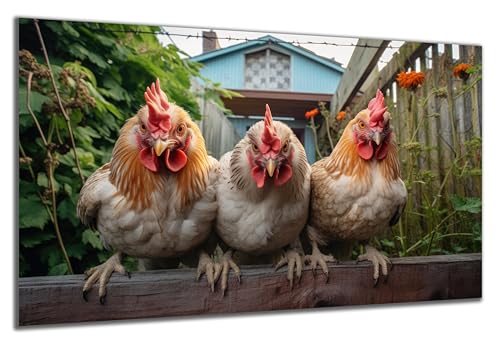 DARO Design - Wand-Bild auf 6mm HDF 40x30 cm 3 Hühner auf Zaun - Wand-Deko Bilder Geschenk von DARO Design