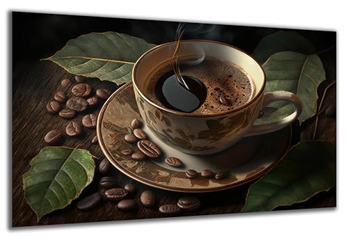 DARO Design - Wand-Bild auf 6mm HDF 60x40 cm Kaffee-Tasse Blätter - Wand-Deko Bilder Geschenk von DARO Design