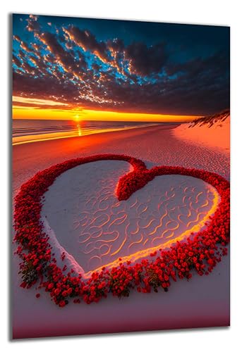 DARO Design - Wand-Bild auf 6mm HDF 70x50 cm Liebe rotes Herz Strand Sonnenuntergang - Wand-Deko Bilder Geschenk von DARO Design