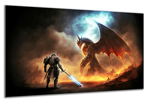 DARO Design - Wand-Bild auf 6mm HDF 84x56 cm Drache Ritter Schwert Flammen - Wand-Deko Bilder Geschenk von DARO Design