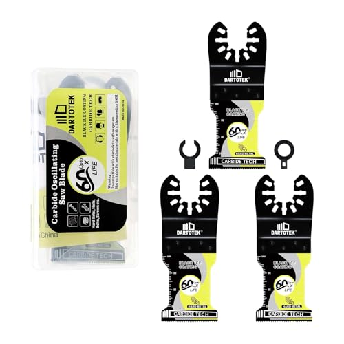 DARTOTEK Wolframkarbid Oszillierende Sägeblätter 3 Stücke, Multitool Sägeblätter Set für Metall, Holz, Titanbeschichtung zur Kühlung, Universal Oszillierendes Zubehör mit 2 Adapter von DARTOTEK