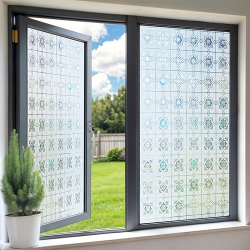 DARUITE Fensterfolie Bunt Milchglasfolie mit Blumenmuster Elektrostatische Nicht Klebende UV-beständige Sichtschutzfolie Fenster Für Zuhause Büro 44.3 x 100cm von DARUITE