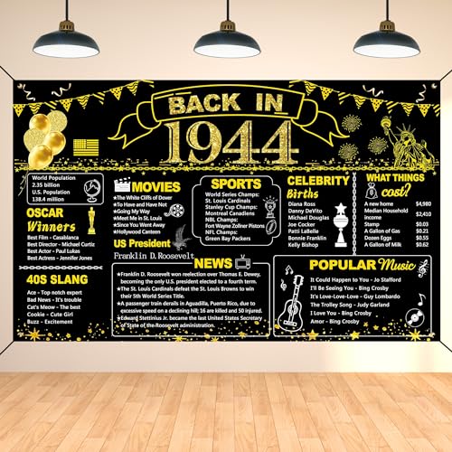 DARUNAXY 80. Geburtstag Schwarz Gold Party Dekoration, Back in 1944 Banner 80 Jahre alt Geburtstag Party Poster Supplies Vintage 1944 Hintergrund Fotografie Hintergrund für Männer & Frauen 80. Klasse von DARUNAXY