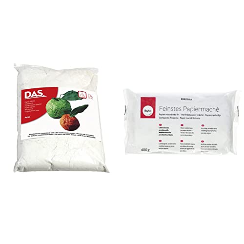 DAS Giotto 6860 00 - Weißes Zellulosepulver - Beutel mit 1.000 Gramm, 24.0 x 33.0 x 10.0 cm & RAYHER 3450000 Porzella, feinstes Papiermaché, porzellanweiße Modelliermasse lufttrocknend, Beutel 400g von DAS