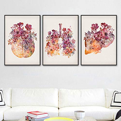 DASHBIG Bilder Anatomie Innere Organe Blumen Herz Gehirn Lunge Nordic Poster Wand Kunstdruck Leinwand Malerei Dekor Bilder Für Wohnzimmer | 40x60cmx3 Kein Rahmen von DASHBIG