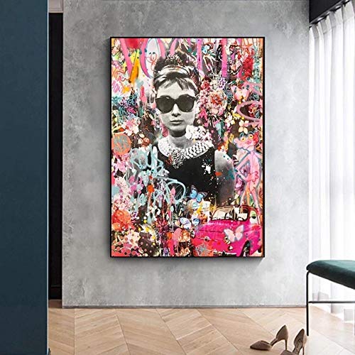 DASHBIG Pop Graffiti Kunst Audrey Hepburn Porträt Kunstdrucke Street Art Promi Poster Leinwand Malerei Wandbilder Wohnzimmer Dekor | 50x70cm Kein Rahmen von DASHBIG