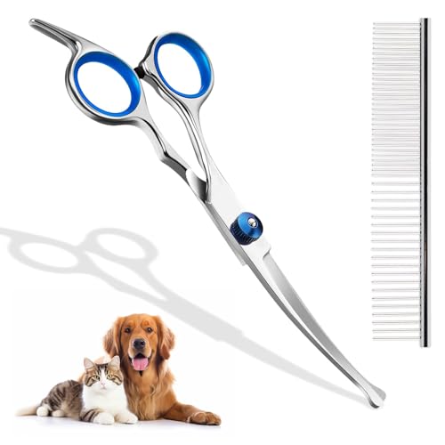 Fellschere für Hunde und Katzen, Gebogene Schere Hundeschere Set Profi Runder Grooming Schere, Haustier Kamm, aus robustem Edelstahl (Blau) von DASHUAIGE