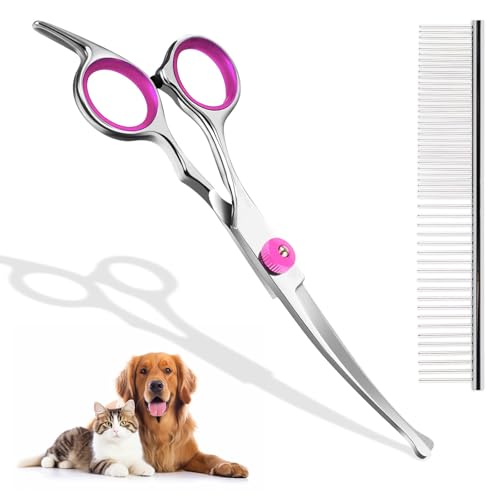 Fellschere für Hunde und Katzen, Gebogene Schere Hundeschere Set Profi Runder Grooming Schere, Haustier Kamm, aus robustem Edelstahl (Rosa) von DASHUAIGE
