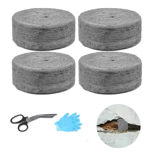 DASIAUTOEM 4 Stück Stahlwolle Gegen Mäuse 20m mit Arbeitshandschuhen Schere Fein Gegen Nagetiere Steel Wool Stahlwolle für Löcher und Wand Risse von Haus,Garten und für Reinigen und Polieren von DASIAUTOEM