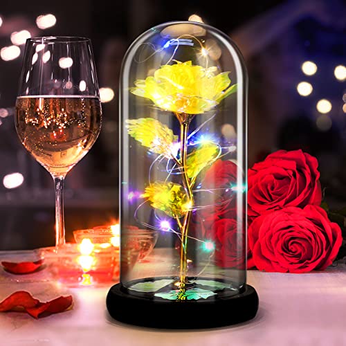 DASIAUTOEM Ewige Rose im Glas, Ewige Rosen Die Schöne und das Biest Rose Seidenrose und LED-Licht auf Holzsockel von DASIAUTOEM