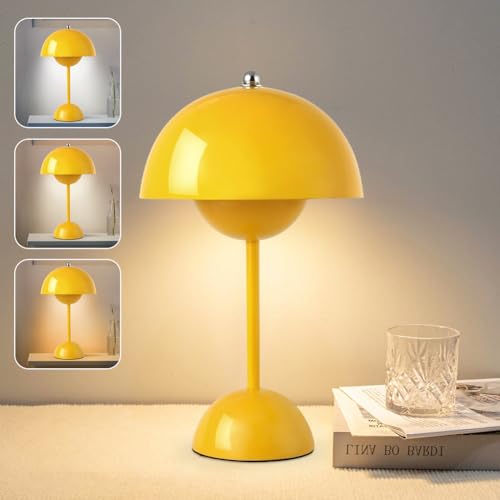 DASIAUTOEM Pilzlampen Tischlampe, LED Akku Tischlampe Kabellos, 3000k-6000k Moderne Aufladbar Touch Dimmbar Nachttischlampe mit 3 Helligkeitsmodi, Pilz Lampe für Hochzeit Schlafzimmer Wohnzimmer(Gelb) von DASIAUTOEM
