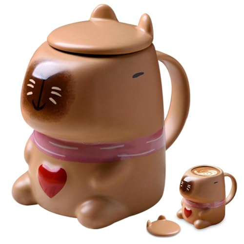 DASIAUTOEM Süßer Capybara Becher mit Deckel 400ml, lustige 3D Wasserschwein Tasse, personalisierte Kaffeetasse für Kinder, Jungen, Mädchen, Sohn, Tochter, Geschenkidee (Braun Capybara) von DASIAUTOEM