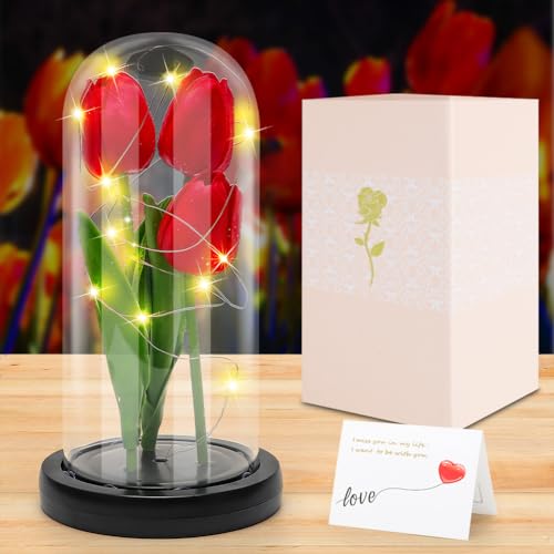 DASIAUTOEM Tulip Eternelle sous Cloche avec LED, Cadeau Saint Valentin, Tulip Rose Eternelle, Tulip Fleurs artificielles, Anniversaire Cadeau pour Femme Maman Mère Petite Amie Grand-mère von DASIAUTOEM