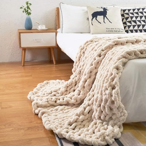 DASJD Grobe Strickdecke, Handgefertigt Gestrickte Kuscheldecke, Gestrickte Decke für Bett und Sofa,Beige,200x200cm von DASJD