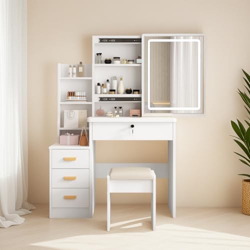 DATO Frisiertisch mit Schiebespiegel und Licht, 3 Farblichtmodi mit Einstellbarer Helligkeit, Schminktisch-Set im europäischen Stil mit Schubladen, Frisiertisch fürs Schlafzimmer, weiß von DATO