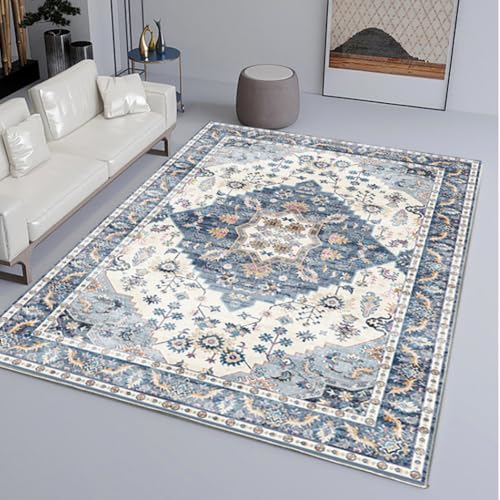 DATOPER Traditionell Teppich Wohnzimmer Teppich Vintage-Kurzflor Outdoor Teppich, Flauschig Schlafzimmer Teppich Weich Esszimmer Teppich, Waschbarer Teppiche,Blau,80×120cm von DATOPER