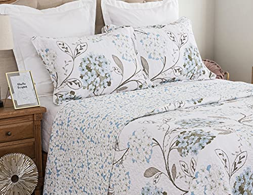Quilt Queen Size 3-teiliges Set, Baumwollbezug, wendbare Tagesdecke, Blumenmuster (hellblaue Hortensien) von DAUAOTO