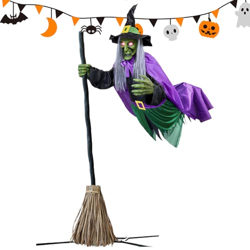 DAWCBVJQ Fliegende Hexe Halloween Dekoration Für Draußen, Schwebende Hexenfigur Auf Besen, Gruselige Deko Für Innen Außen Haus Terrasse Garten von DAWCBVJQ