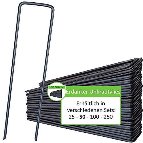 DAWIDU Erdanker Unkrautvlies aus Stahl unverzinkt - 50 Stück - Stabile Stahl Erdanker Bodenanker als Befestigung für Unkrautvlies, Gartenvlies, Zaun & Camping Zelt - 150mm lang x 30mm breit - Ø 3mm von DAWIDU