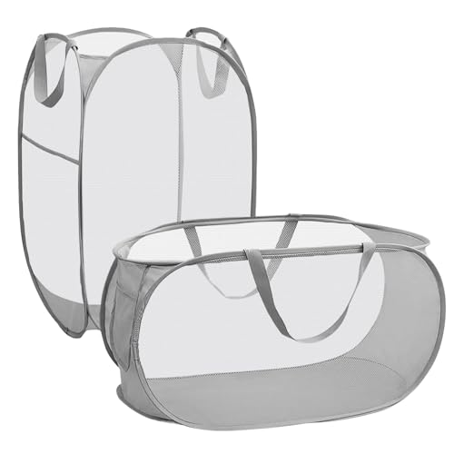 DAWNTREES Pop Up Faltbare Wäschekörbe 2 Stück,75L Mesh Laundry Hamper Baskets,Großer Aufbewahrungskorb mit Seitentasche,Anwendbar auf die Lagerung von Kleidung(grau) von DAWNTREES