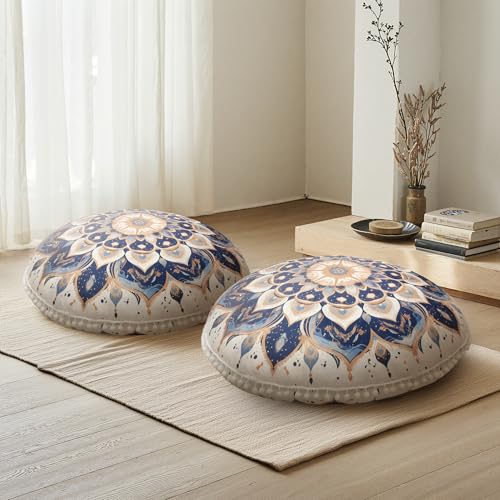 DAWNYIELD 2 Pack Meditationskissen für den Boden, Runde Sitzkissen mit waschbarem und abnehmbarem Bezug, 80 cm Großes Ergonomisches Yogakissen mit Pompon-Dekor, Für Innen- und Außenbereich, Marineblau von DAWNYIELD