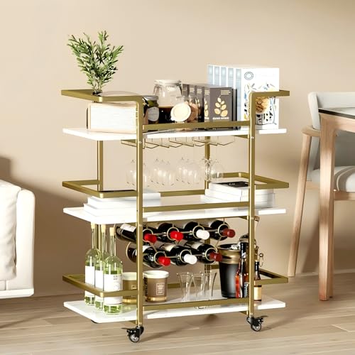 DAWNYIELD 3-Tier Bar Servierwagen, Mobiler Weinwagen auf Rädern mit Weinregal und Glashalterung, Rollender Küchenwagen mit Marmorplatte für Küche, Wohnzimmer, Hausbar(Golden) von DAWNYIELD