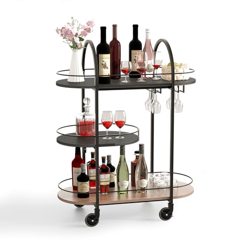 DAWNYIELD 3-stöckiger Home Bar Wagen auf Rädern, mobiler Servier-Weinwagen mit Glashalter, Schwarz von DAWNYIELD