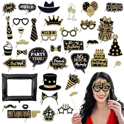 36 Stück Foto Requisiten, Fotobox Accessoires Geburtstag Photo Booth Props Dekoration Von Kappen, Bart, Lippen Stift, Krawatte, Kronen und Mehr Fotorequisiten Karneval Hochzeit Halloween von DAWRIS