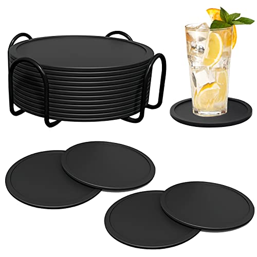 DAWRIS 12Er Set Untersetzer Gläser Silikon, Glasuntersetzer in Dunkelgrau Getränke Tassen untersetzer Set Dunkelgrau Bierdeckel mit Halter für Getränke, Bar, Tassen, Glas von DAWRIS