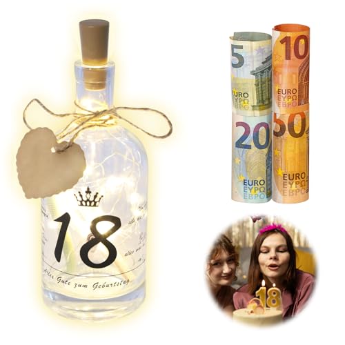 DAWRIS 18 Geburtstag Flaschenlicht Transparent LED Flaschenlicht mit Spruch Personalisiert Geschenk zum 18. Geburtstag Mädchen Junge Geldgeschenke Geburtstagsgeschenk Spardose Geldgeschenkgeburtstag von DAWRIS
