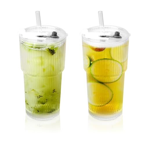 DAWRIS 2 Stück 600ml Glasbecher mit Deckel und Strohhalm Trinkbecher mit Deckel und Strohhalm Glas Smoothie Becher Trinkgläser Trinkglas Eiskaffee Gläser Wasserdicht Design von DAWRIS