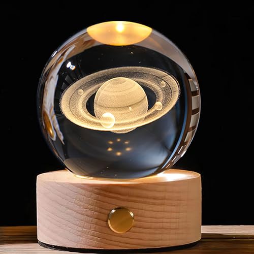 DAWRIS 3D Saturn Kristallkugel mit LED Bunte Nachtlicht Basis, Kristall Ball Nachtlicht Kreative Nachtszene Astronomie LED Ball Lampe Saturn System Nachttischlampe Kristallkugel Licht von DAWRIS