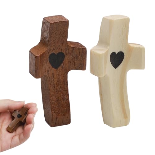 DAWRIS 4 Stück Geschnitztes Holzkreuze, Handschmeichler Kreuz Klein Handgeschnitztes Liebeskreuz aus Holz mit Herzen, Kreuz aus Holz in Herzform Daumenkreuz zum Stressabbau Gebet Andachtsgebete Taufe von DAWRIS