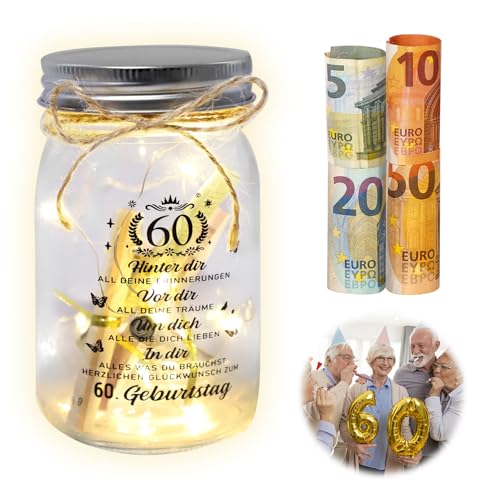 DAWRIS 60 Geburtstag Flaschenlicht Transparent LED Flaschenlicht mit Spruch Personalisiert Geschenk zum 60. Geburtstag Frau Mann Geldgeschenke Geburtstagsgeschenk Spardose Geldgeschenkgeburtstag von DAWRIS