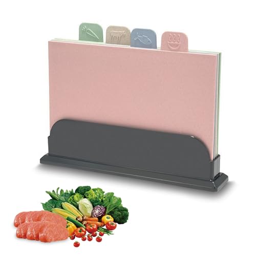 DAWRIS Schneidebrett Set mit Ständer 4 Farben Schneidebretter Kunststoff mit Lebensmitteletiketten zum Sortieren Küchenbrett Hygienisch Chopping Cutting Board Plastik Küchen Schneidbrett Weizenstroh von DAWRIS