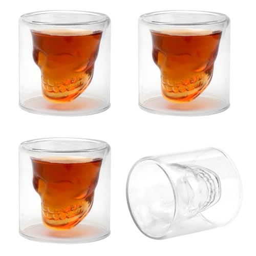 Totenkopf Gläser Set 4 Stück Schädel Schnapsgläser Skull Shotgläser Lustig Shot Gläser Glas Tequila Gläser Shot Glasses Schnapsglas Shotglas für Kalte Heiße Getränke Cola Gläser Espressogläser, 20ML von DAWRIS