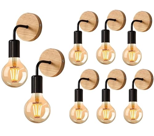 DAXGD 8 Stück Wandleuchte Vintage Holz, Wandlampe Innen Industrial E27 für Schlafzimmer, Wohnzimmer, Treppen, Flur (Glühbirnen nicht enthalten) von DAXGD