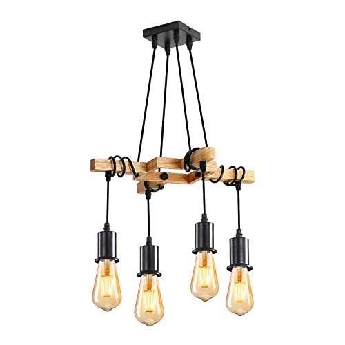 DAXGD Vintage Kronleuchter, Retro Hängelampe aus Holz und schwarzem Metall, 4 E27 Leuchtmittel nicht enthalten, max. 60 W, für Wohnzimmer oder Restaurant DAXGD Vintage Kronleuchter, Retro Hängelampe aus Holz und schwarzem Metall, 4 E27 Leuchtmittel nicht enthalten, max. 60 W, für Wohnzimmer oder Restaurant von DAXGD