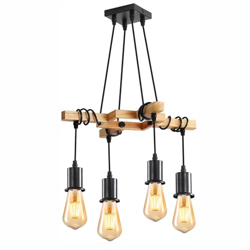 DAXGD Vintage Kronleuchter, Retro Hängelampe aus Holz und schwarzem Metall, 4 E27 Leuchtmittel nicht enthalten, max. 60 W, für Wohnzimmer oder Restaurant [Energieklasse E] von DAXGD