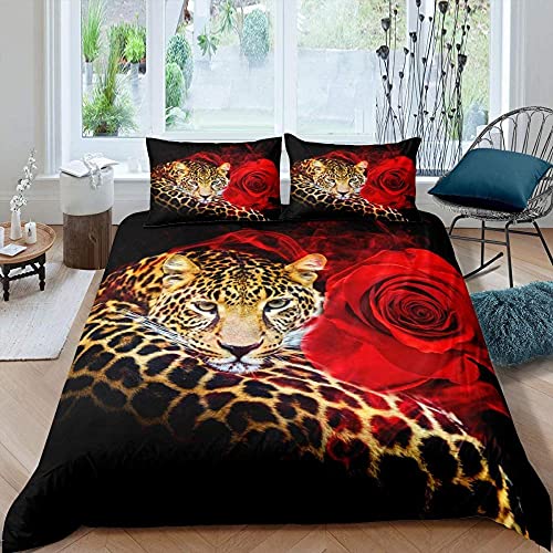 DAXIANGJIAO Bettwäsche 135x200 Rote Rose Leopard Bettwäsche-Sets für Erwachsene und Kinder, Leicht Mikrofaser, 1 Bettbezug 135 x 200 mit Verdecktem Reißverschluss + Kissenbezug 80x80 von DAXIANGJIAO