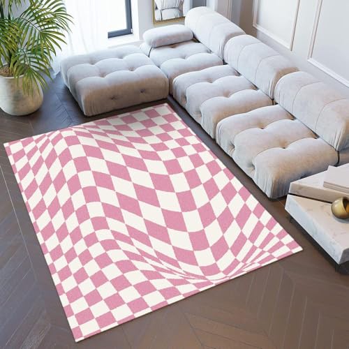 DAXONA Rosa Karierte Teppiche, 3D-geometrischer Kunstdekor-Teppich für Schlafzimmer und Wohnzimmer, rutschfeste, weiche, rechteckige Fußmatten aus Flanell, waschbar, für Zuhause, 150 x 210 cm von DAXONA