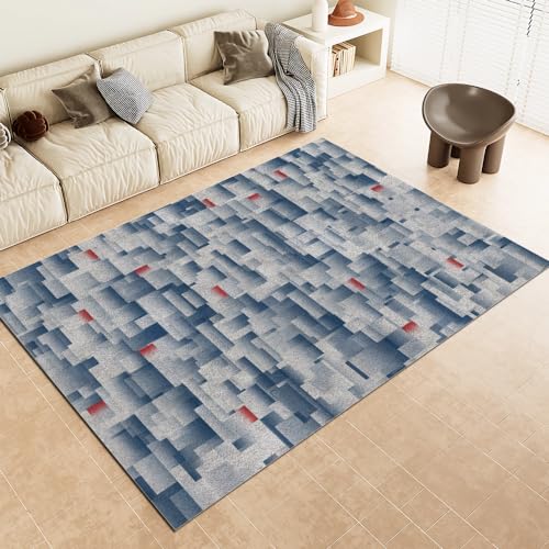 DAXONA Teppich Modern Modernes Abstraktes Geometrisches Mosaikmuster Rot-Blauer Rutschfester Waschbarer Teppich Weicher und Komfortabler Teppich für Schlafzimmer Arbeitszimmer Wohnzimmer 60X90cm von DAXONA