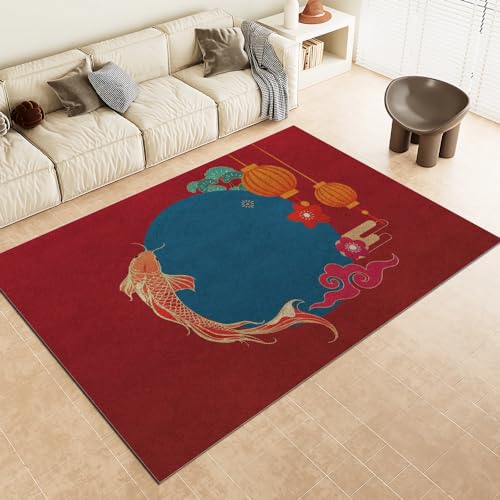 Teppich Im Chinesischen Stil Roter Traditioneller Vintage-Teppich Home Waschbarer Teppich Waschbarer Soft-Touch-Teppich Für Flure Wohnzimmer Schlafzimmer Und Küche 90X150Cm von DAXONA