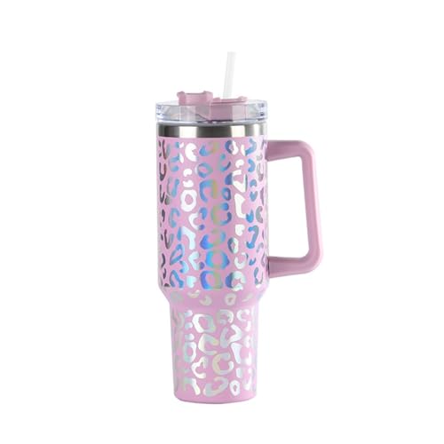 40 oz Thermosbecher mit Strohhalm und Griff, 1200 ml Thermobecher mit Leopardenmuster, verbesserter doppelwandiger Edelstahl-Vakuum-Trinkbecher für heiße und kalte Getränke, auslaufsicherer Kaffeebech von DAXXIN