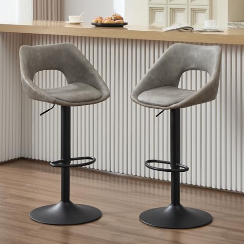 DAYALANE 360°Drehbar Barhocker 2er Set, Barstuhl Hochstuhl PU Kunstleder Höhenverstellbar mit Rückenlehne, Moderner Bar Stool für Esszimmer Küche Bistro Theke, Grau von DAYALANE