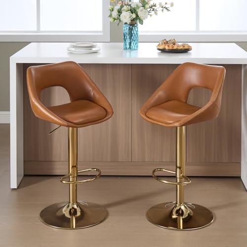 DAYALANE Barhocker 2er Set, Barstuhl Hochstuhl Höhenverstellbar 360°Drehbar und Fußstütze aus PU Kunstleder, Küchenhocker Moderner Bar Stool für Esszimmer Küche Bistro Café Theke, Hellbraun von DAYALANE