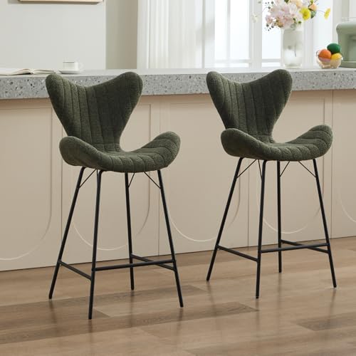 DAYALANE Barhocker 2er Set, Moderne Barstühle Küchenhocker mit Metallbeinen aus Chenille, Bar Stool mit Stepp-Rückenlehne für Theke Küche Bistro Café Esszimmer Wohnzimmer, Grün von DAYALANE