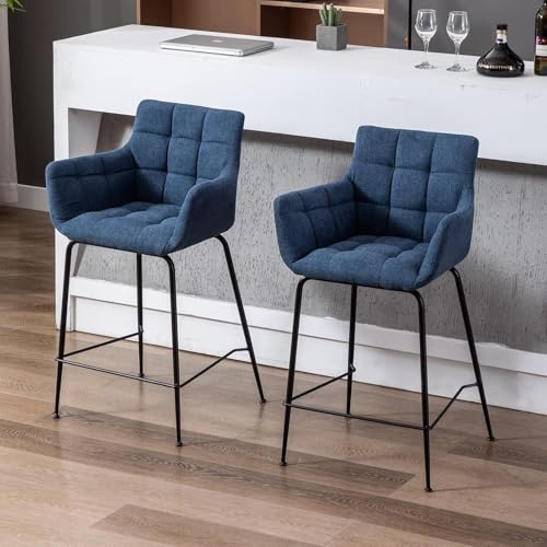 DAYALANE Barhocker 2er Set, Moderne Barstuhl mit Metallfüßen Dickem Sitzpolster aus Frottee, Bar Stool mit Gebogene Rückenlehne für Theke Küche Bistro Café Esszimmer, Blau von DAYALANE