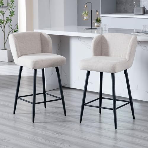 DAYALANE Barhocker 2er Set, Moderne Barstuhl mit Metallfüßen Dickem Sitzpolster aus Leinen, Bar Stool mit Gebogene Rückenlehne für Theke Küche Bistro Café Esszimmer, Oatmeal von DAYALANE